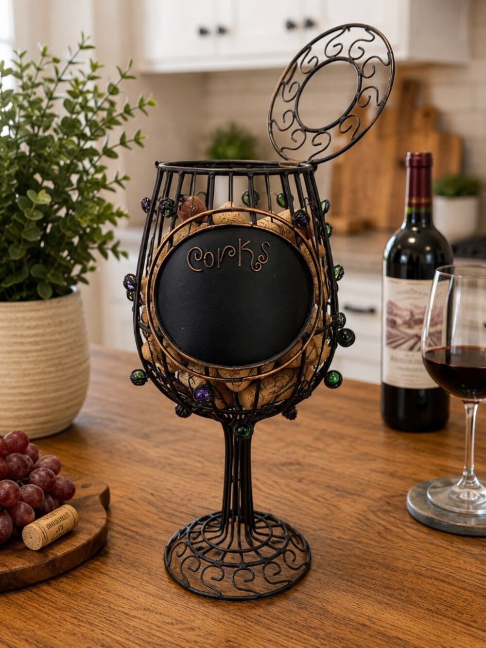 Decorative Metal Wine Cork Holder Goblet Cork Collector Beaded Wire 12"